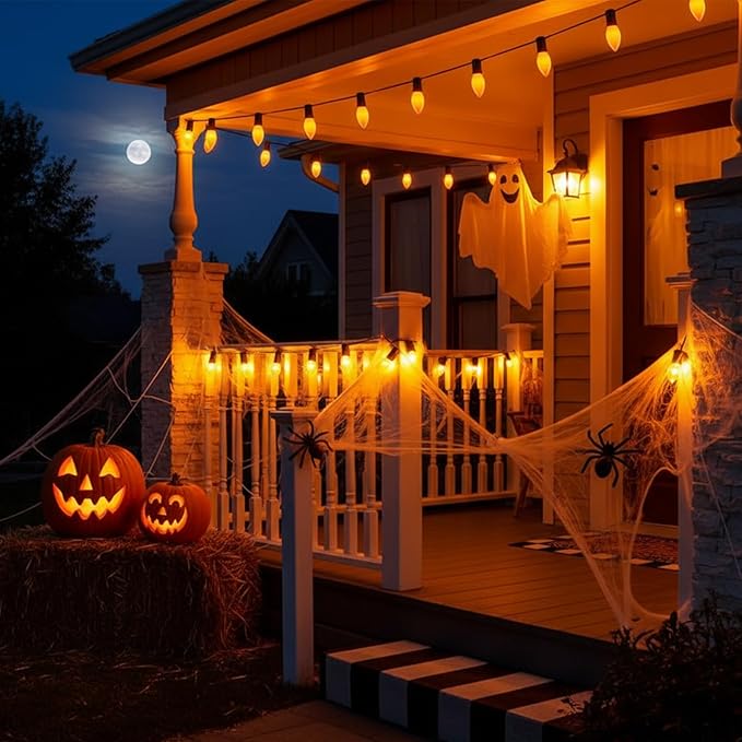 C9 Orange Halloween Incandescent Light Bulbs, 25-Pack E17 Base, Waterproof Outdoor Pathway & Yard Lighting, Halloween Decorations, Spooky Glow for Parties & Events