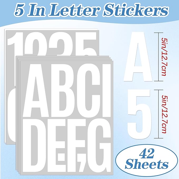 420 PCS 42 Sheets Letter Stickers Big Font Mailbox Numbers and Letters Self Adhesive Vinyl Waterproof Alphabet Number Stickers for Mailbox House Address, Cars, Poster, Business Decor (5 Inch,White)