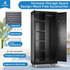 Garage Storage Cabinet with Wheels and 5 Pegboard, Broom Closet Storage Cabinet with Hanging Rod and 13 Hooks, Metal Cabinets with 4 Shelves for Garage, Home, 71"H x 31.5"W x 15.75"D, Black