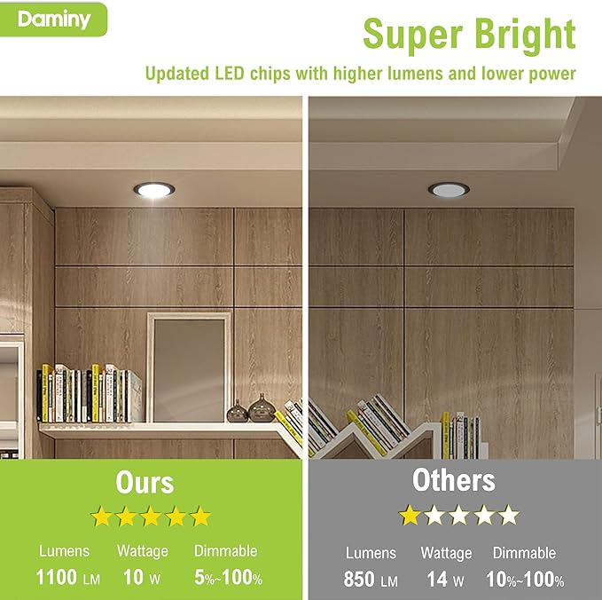 DAMINY 6 Pack 6 Inch Black LED Recessed Lighting with Junction Box,5CCT,Ultra-Thin Recessed Light,10W 1100lm, Dimmable Canless Wafer Ceiling Light,High Brightness - ETL