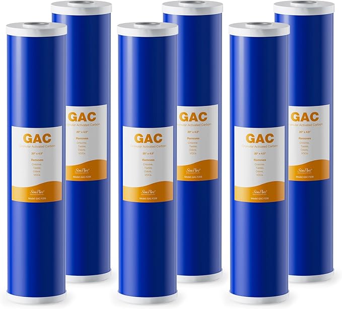 SimPure GAC Filter 20 x 4.5 inch Whole House Water Filter | Granular Activated Carbon Filter Replacement for DB20P, GAC-20BB, RFC20-BB (6 Pack)
