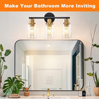 DLLT 3-Light Bathroom Light Fixtures: Black and Gold Modern Vanity Lights with 3 E26 Bulbs - Clear Glass Shade Bathroom Wall Lamp for Mirror Kitchen Living Room Hallway Cabinet Porch