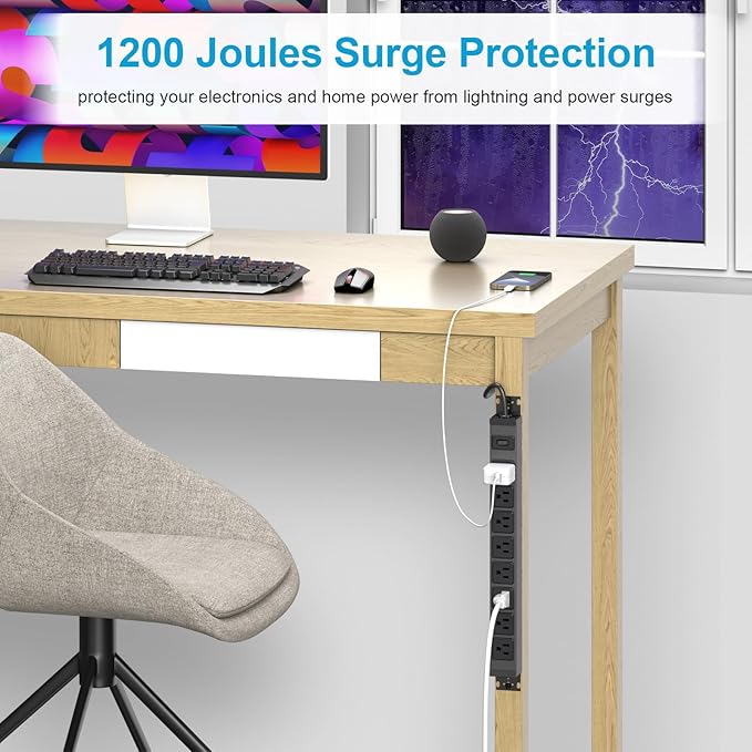 HHSOET Metal 360° Rotating Mountable Power Strip, 8 Outlet Gaming Table Mounted Outlet Strip, Heavy Duty Wall Mount Surge Protector with Switch, 15A 125V 1875W, 15ft Power Cord.(Black)