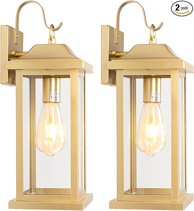 17 Inch Large Gold Outdoor Sconces Wall Lighting 2-Pack, Exterior Light Fixtures IP65 Waterproof Anti-Rust, Brass Porch Lights Clear Glass Outdoor Coach Lanterns Outside Wall Mounted Lamps