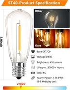 25 Pack ST40 Vintage LED Edison Bulbs Dimmable, Shatterproof 0.6W Energy Efficient E17 LED Replacement Bulbs for Outdoor String Lights, E17/C9 Intermediate Base Bulb Waterproof, Warm White 2700K