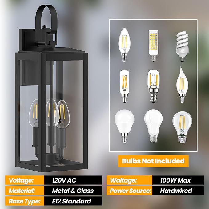 19 Inch Large Dusk to Dawn Outdoor Wall Light for House Exterior, 3-Light Outdoor Light Fixtures Wall Mount, E12 Black Modern Outside Porch Light Fixtures for House Garage Porch Patio Lights