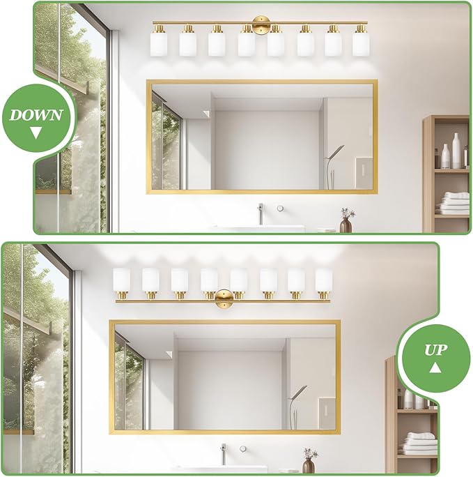 8-Light Vanity Lights, Brushed Gold Bathroom Light Fixture with Striped Textured Milky White Glass Shade, Modern Vanity Lighting Fixture for Bathroom Wall Light Over Mirror, E26 Wall Sconce