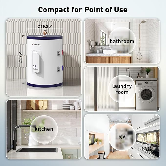 ThermoMate Tank Water Heater Electric, 18 Gallon Small Point of Use Residential Hot Water Heater for Washing & Shower, 120Volt 1500W Compact, Adjustable Thermostat, UL Listed
