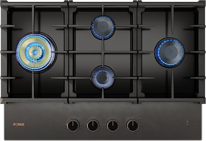 FOTILE GLG30401-Y 30” Moonshadow Tempered Glass 4 Gas Cooktop, Tri-Ring 18,000 BTUs Center Burner with Flame Failure Protection Removable Grates and Installation/LP Kit