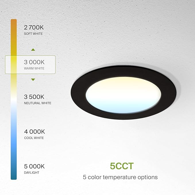 ASD 6 Pack LED Recessed Lighting 4 Inch 9W, 5 CCT 2700K-5000K CRI90+, IC Rated Ultra Thin Dimmable Ceiling Lights with J Box, Canless Wafer Downlight, Round Slim Panel Light, Energy Star ETL, Black