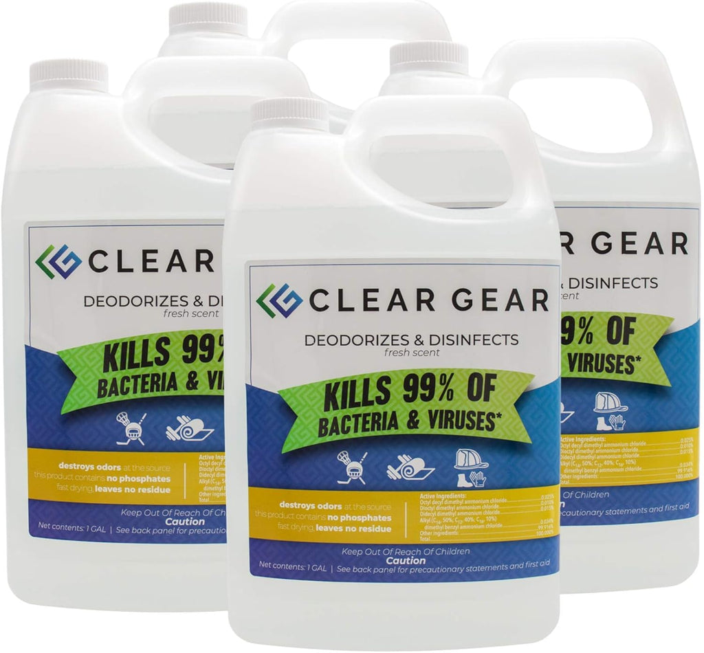 Clear Gear Gym Disinfectant Mat Cleaner, and Gym Equipment Deodorizer for Sports Equipment and Fitness Centers - EPA-Registered, Hospital Grade Disinfectant, Made in USA - (4) 1 Gallon Bottles
