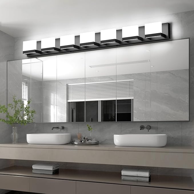 Tipace LED Modern Bathroom Vanity Light Fixtures, 7 Lights Black Vanity Lighting for Bathroom Wall Lights Up and Down LED Light Fixtures Over Mirror(White 6000K)