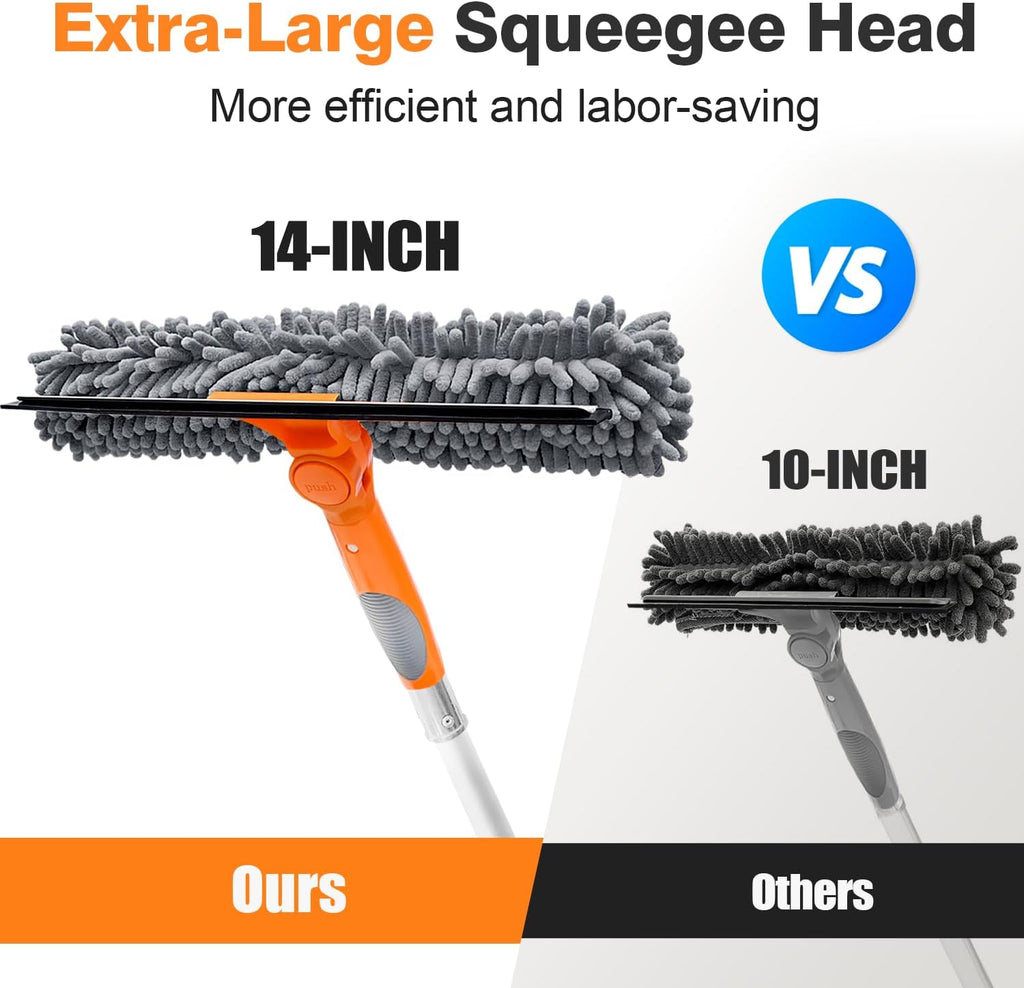 20 Ft High Reach Window Squeegee with 5-12Ft Extra-Thick Aluminum Telescopic Extension Pole| 14" Extra-Large 2-in-1 Window Cleaner Tool| Window Washer for Indoor/Outdoor Window,RV,Truck Glass