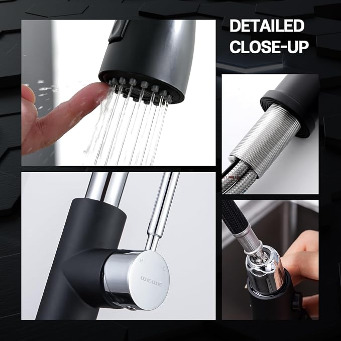 WEWE Kitchen Sink Faucet, Pull Down Kitchen Faucet, Black and Chrome Kitchen Faucet with Sprayer Stainless Steel Single Handle one or Three Hole for Laundry bar Kitchen Sinks
