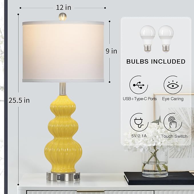 Triple Gourd Ceramic Table Lamps Set of 2, Modern Yellow Bedside Lamps with USB A+C Ports & AC Outlet, 3 Way Touch Control Contemporary Nightstand Lamps for Bedroom Living Room