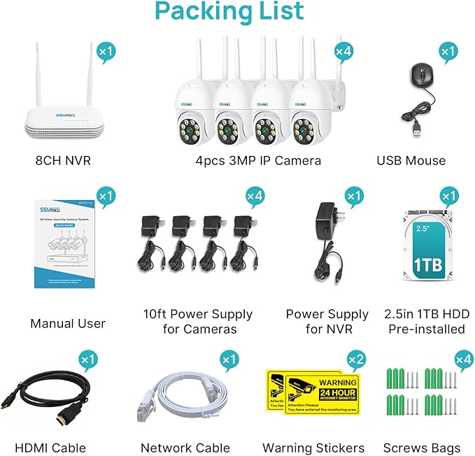 SOVMIKU Wireless Security Camera System,3MP Outdoor WiFi Camera for Home,PTZ,360°View,Auto Tracking,2 Way Audio,Color Night Vision,Siren/Motion/Light Alarm,8Ch Expandable,Alexa,24/7 Record,2.4G WiFi