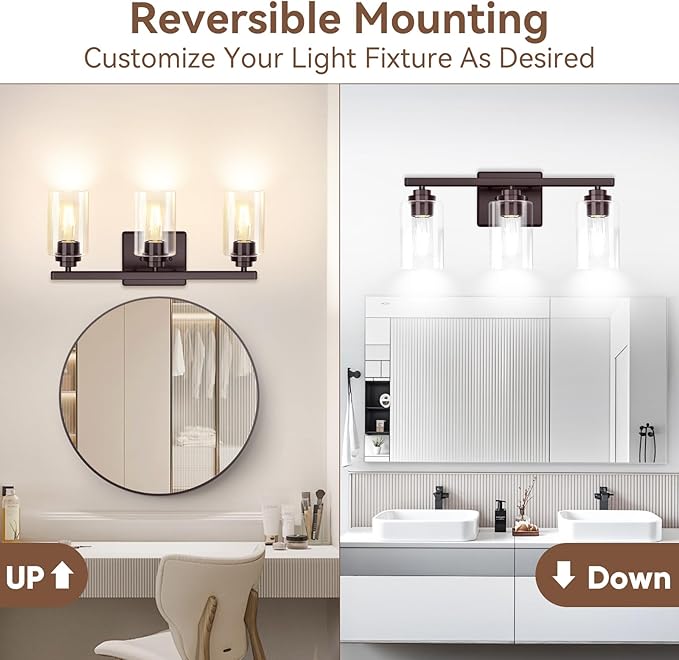 3-Light Bathroom Light Fixtures, 19" Modern Vanity Lights Over Mirror with Clear Glass Shades, Brown Light Fixture, Classic Wall Light Fixture for Mirror Living Room Cabinet Bedroom Porch