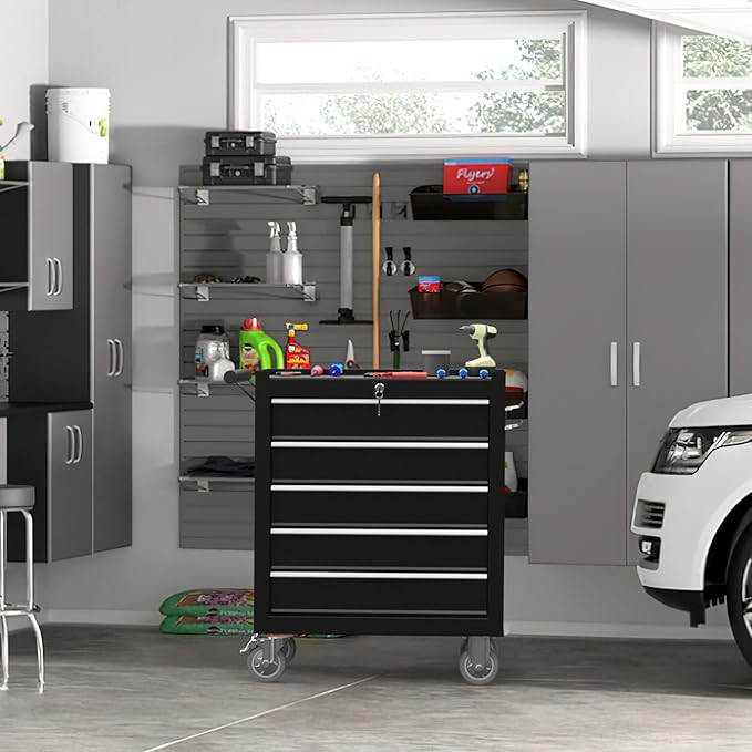 5-Drawer Rolling Tool Chest Toolbox, Rolling Tool Box with Wheels, Tool Chest with Keyed Locking System and Drawer Liners, Tool Box Organizer for Garage, Warehouse, Workshop