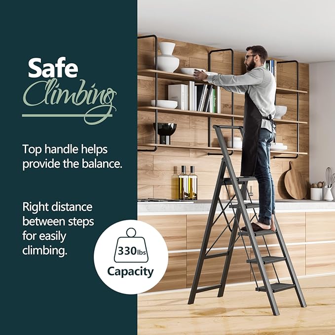 WOA WOA 5 Step Ladder for 10 Feet High Ceiling, Lightweight Foldable Ladder with Non-Slip Wide Pedals, Step Stool with Safe Handrail, Space Saving for Home, Kitchen, Indoor & Outdoor 300lbs - Black