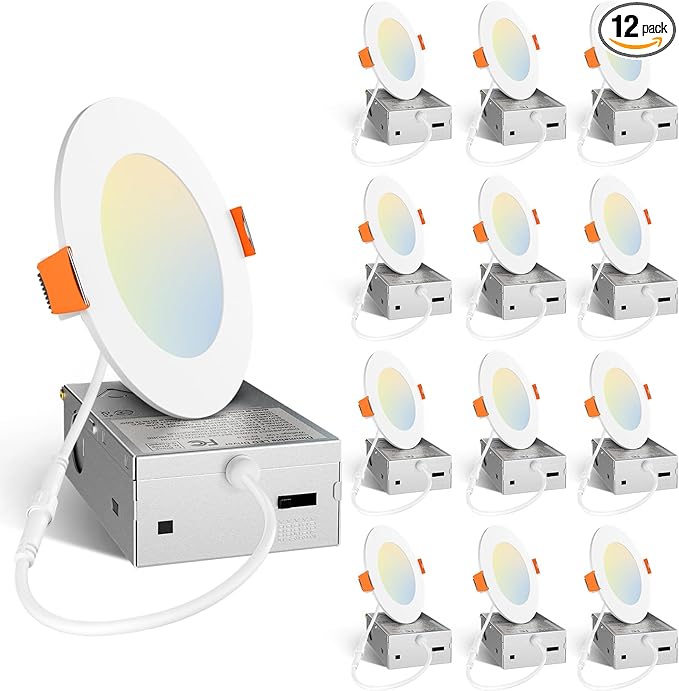 Amico 12 Pack 4 Inch 5CCT Ultra-Thin LED Recessed Dimmable Can/Ceiling Light with Junction Box, 2700K/3000K/3500K/4000K/5000K Selectable, 11W Eqv 70W, 800LM High Brightness Wafer Downlight - ETL&FCC