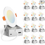 Amico 12 Pack 4 Inch 5CCT Ultra-Thin LED Recessed Dimmable Can/Ceiling Light with Junction Box, 2700K/3000K/3500K/4000K/5000K Selectable, 11W Eqv 70W, 800LM High Brightness Wafer Downlight - ETL&FCC