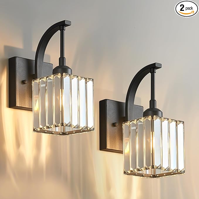 Wall Sconces, Set of 2 Black Crystal Vanity Lights, Modern Wall Lamp for Bathroom, Hallway, and Makeup, Easy Installation