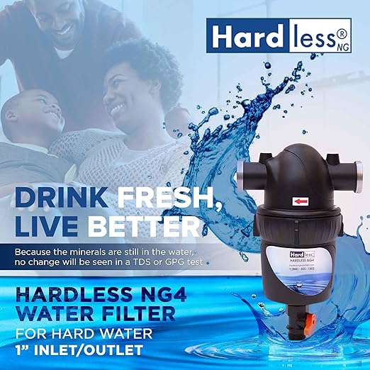 Hardless NG4 Whole House Water Filter - Salt-Free Softening Device - Reduces Limescale, Sediment & More - Compact, Easy to Install - Comes w/ 1" Inlet/Outlet- Filtration System for Hard Water