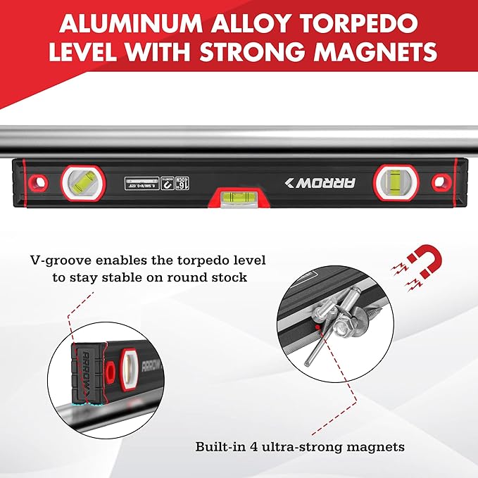 ARROW 16-Inch Level, Magnetic Torpedo Level with 45°/90°/180° Bubbles, Aluminum Alloy Body, Precision-Machined Base, Shockproof Rubber End Caps, V-Groove & Hanging Hole for Construction, Carpentry