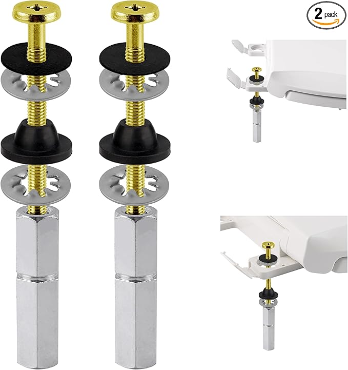 Hibbent 2 PCS Universal Toilet Seat Bolts Kit, Heavy Duty Solid Brass Toilet Bolts with Extra Long Stainless Steel Downlock Nuts Rubber Washers Gaskets, Easy to Install - Bathroom Toilet Repair Screw