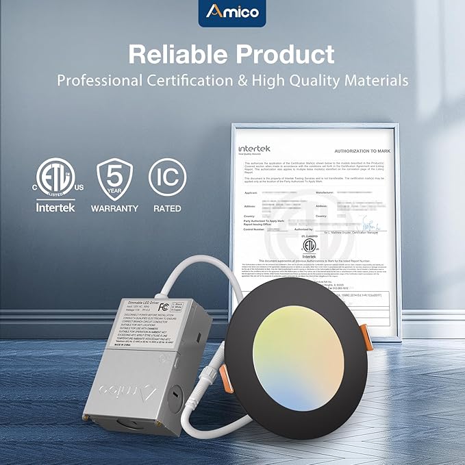 Amico 12 Pack 4 Inch 5CCT Ultra-Thin LED Recessed Ceiling Light with J-Box, 2700K/3000K/3500K/4000K/5000K Selectable, 11W Eqv 70W, Dimmable Canless Downlight, 800LM High Brightness, Black - ETL