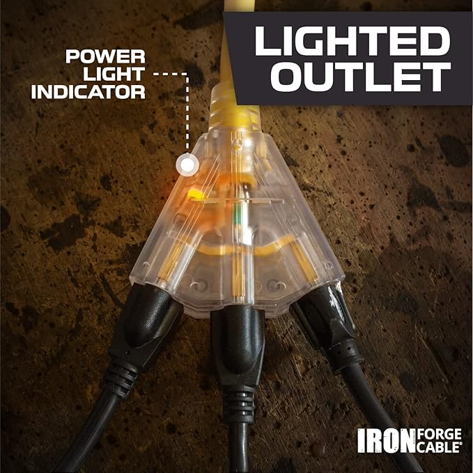 Iron Forge Cable 10 Gauge 25ft Lighted Outdoor Heavy Duty Extension Cord with 3 Outlets - 15 Amp 10/3 SJTW Yellow Extension Cord with Multiple Outlets