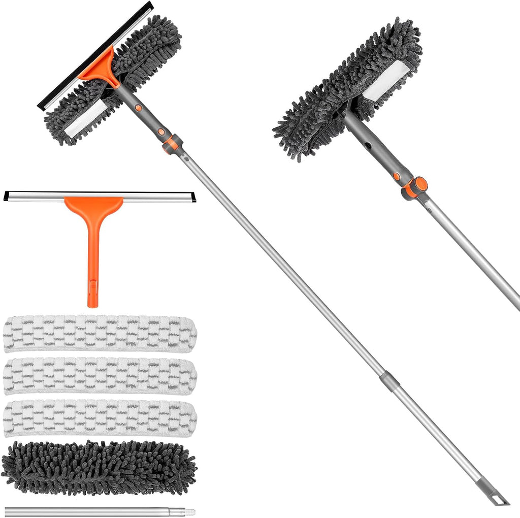 Chabatree Window Squeegee Cleaner Set 2-in-1 Window Cleaning Tool with Extendable Pole, Window Cleaning kit with Bendable Head for Indoor & Outdoor Glass for Car Indoor Outdoor High Windows（Kit2.0）