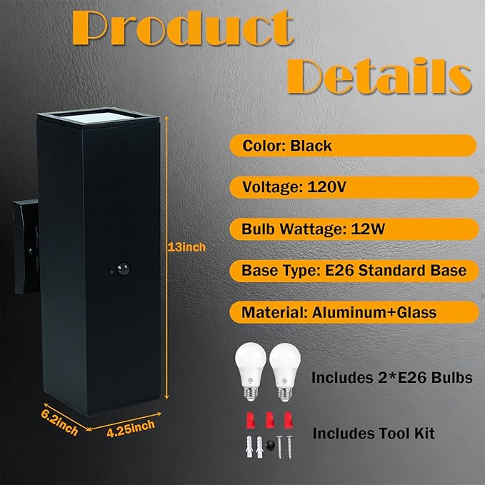 Motion Sensor Outdoor Wall Light with 3 Light Modes, Dusk to Dawn Modern Aluminum Sconce with E26 Bulbs, Waterproof Exterior Lighting for Porch, Garage, Patio, Entryway, ETL Listed