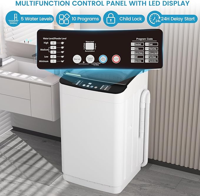 Zynkez 25Lbs Washer and 10Lbs Dryer Combo, Full Automatic Portable Laundry Set with 10 Wash Programs, 5 Dry Modes, Stainless Steel Tub, Compact for Apartments, Dorms, RVs