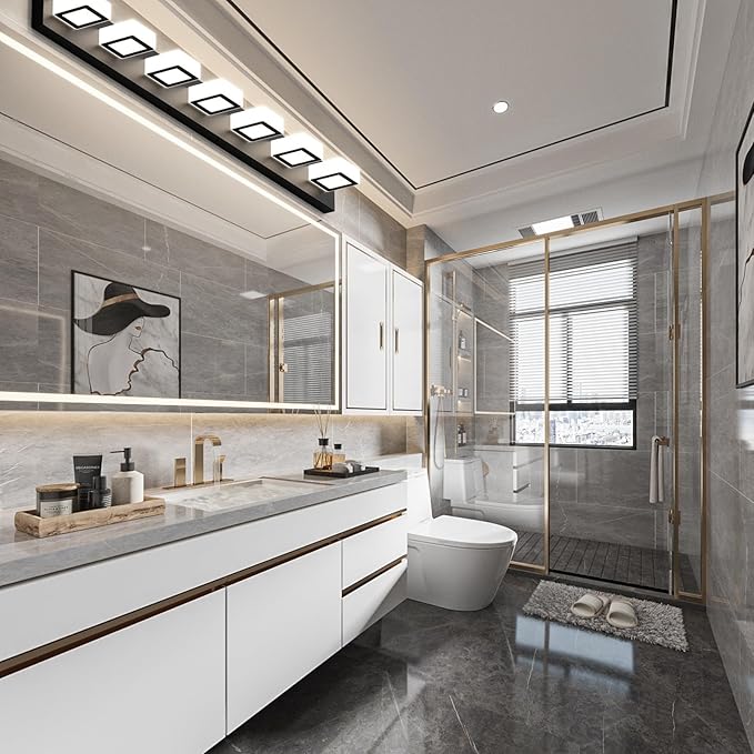 Ralbay 46" LED Matte Black Vanity Lights 7 Lights Acrylic Metal Black Modern Vanity Lights Black Bathroom Lighting Fixtures Over Long Mirror (Natural White Light 4500K)