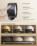 LED Wall Mounted Lights, Rechargeable Wall Sconces Lamp, 3 Color Temps & Remote and Touch, 360°Rotation Dimmable Cordless Wall Light for Study Bedroom Reading Bedside(Black, 2 Pack)