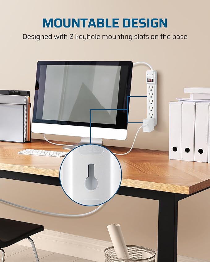 DEWENWILS 2-Pack 6-Outlet Power Strip Surge Protector with 6Ft Long Extension Cord, Low Profile Flat Plug, 15 Amp Circuit Breaker, 500 Joules, Wall Mount, White, UL Listed