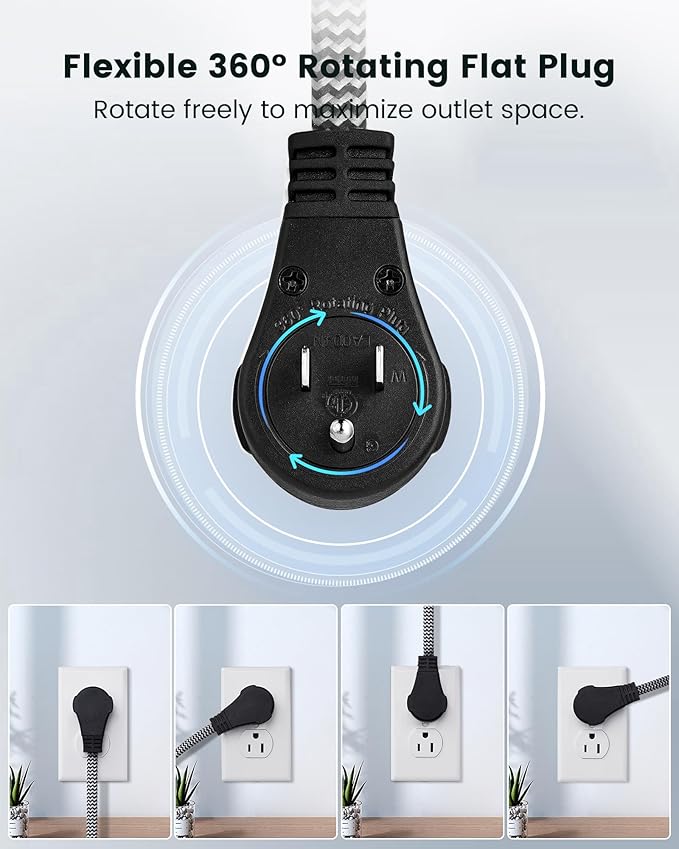 SURAIELEC 6FT Flat Extension Cord with 360° Rotating Plug, Braided Flat Plug with 3 Outlets, 16 AWG Thin Black Extension Cord for Indoor Use, Home, Office, Compact Spaces, ETL Listed