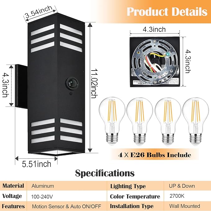 wowlite Motion Sensor Outdoor Lights 2 Pack, Dusk to Dawn Porch Light Outdoor Wall Sconce, 3 Lighting Modes Exterior Lighting Fixture Wall Mount Waterproof, Black Aluminum Outside Lights for House