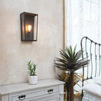 GLOBE Electric 44788 Greer 1-Light Outdoor Wall Sconce, Matte Black, Faux Wood Accents, Clear Glass Shade