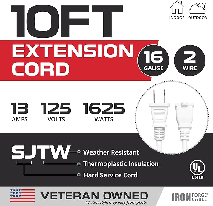 Iron Forge Cable 2 Prong Outdoor Extension Cord 10 ft, 16/2 SJTW 10 Foot White Extension Cord, Weatherproof - Great for Outdoor Lights, Deck, Patio
