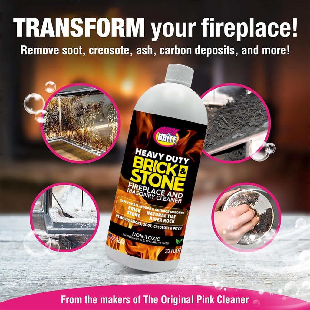 Quick'n Brite Fireplace Brick and Stone Cleaner 32oz with Scrub Brush - Natural Stone, Tile, and Marble Cleaner - Indoor Fireplace and Wood Stove Cleaning Kit - Pellet Stove Creosote Remover