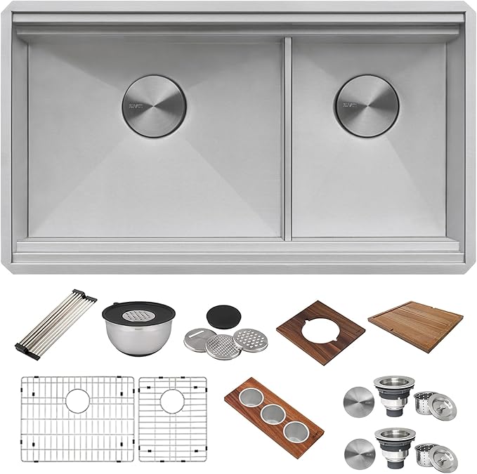 Ruvati 33-inch Workstation Kitchen Sink - Dual Tier Double Bowl Kitchen Sink - Low Divide Undermount Sinks - 16 Gauge Stainless Steel Kitchens Sinks - RVH8255