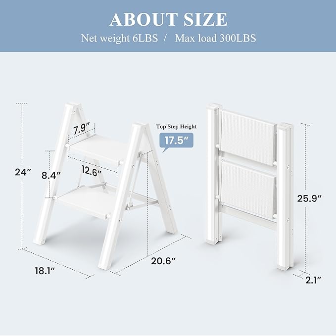 GameGem 2 Step Ladder, Folding Step Stool with Wider Pedal, Anti-Slip Feet & Non Slip Stripes, Aluminum Sturdy Material, 300Lbs Capacity, Elegant Look of Modern White Better Matches Your Home