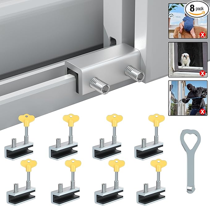 RELIANCER 8 Sets Sliding Window Locks,Aluminum Security Door Window Stoppers,Adjustable Safty Windows Lock for Horizontal & Vertical Fenster Doors,Child Proof Slider Windows Blocker for Home Safety