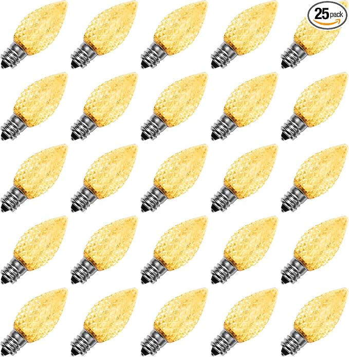 Meconard C7 Led Replacement Christmas Light Bulbs, C7 Shatterproof Led Bulbs for Christmas Indoor Outdoor String Lights, E12 Candelabra Base, Commercial Grade Holiday Bulbs, Warm White, 25 Pack