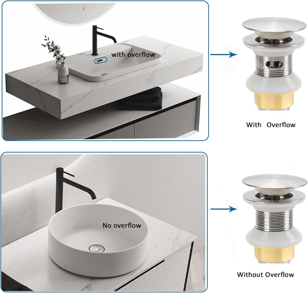 Bathroom Sink Drain,5 Pack Drain Stopper Bathroom Sink Without Overflow,Pop Up Drain Assembly with Detachable Strainer Basket,Built-in Anti-Clogging Strainer,Stainless Steel Brushed Nickel