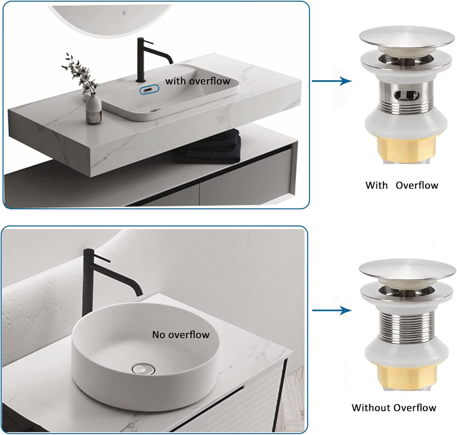 Bathroom Sink Drain,2 Pack Drain Stopper Bathroom Sink with Overflow,Pop Up Drain Assembly with Detachable Strainer Basket,Built-in Anti-Clogging Strainer,Stainless Steel Brushed Nickel