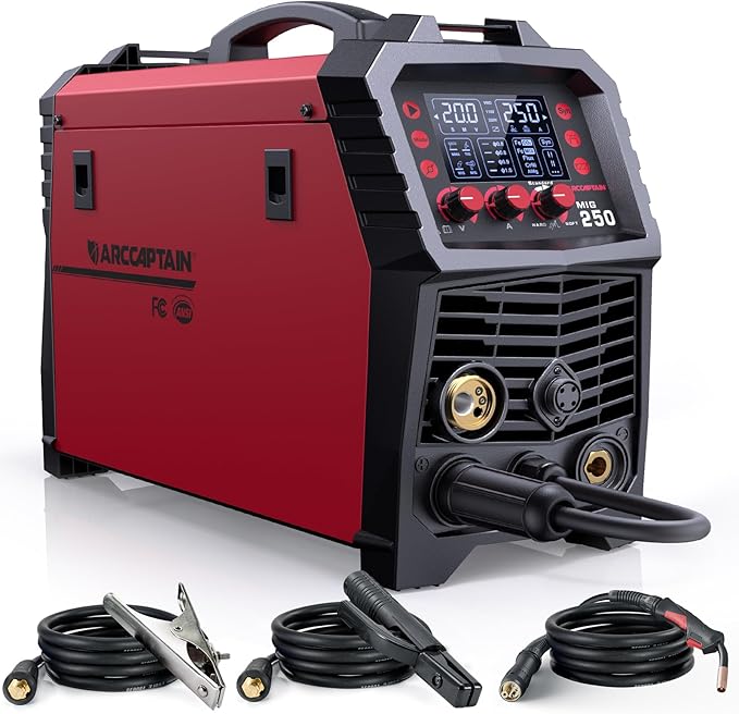 ARCCAPTAIN 250A MIG Welder, 110V 220V Gas MIG/Gasless MIG/Stick/Lift TIG/Spool Gun/Spot 6 in 1 Welding Machine Aluminum Welding Machine Professional Welder Machine with Large LED Display