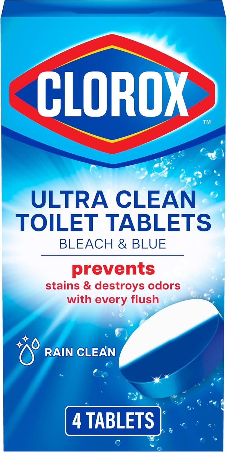 Clorox Ultra Clean Toilet Tablets Bleach & Blue, Rain Clean Scent, 2.47 Ounces Each, 4 Count (Package May Vary)